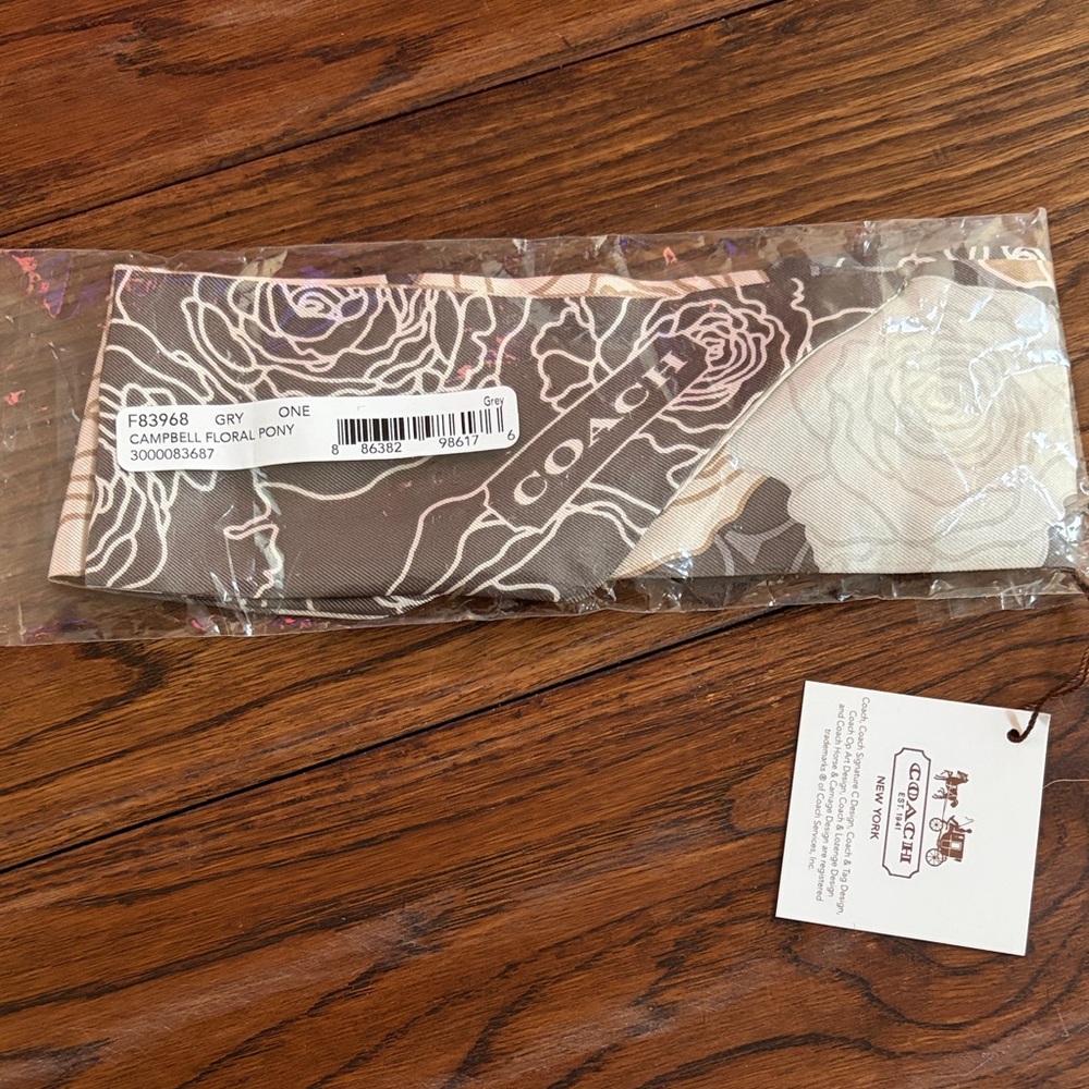 Coach Rose Pattern Hair Scarf in Brown and Cream
